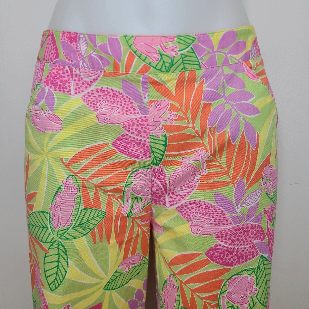 Lilly Pulitzer Vintage Pink Orange Green Tropical Frog Print Wide Leg Pants 4 - Picture 2 of 11